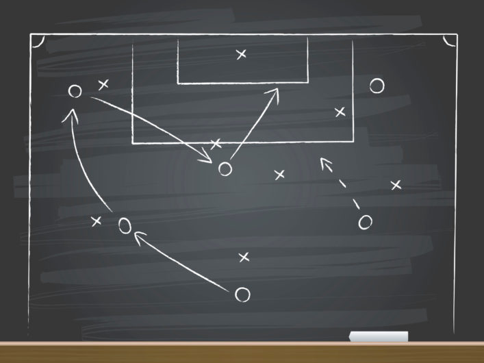Chalk hand drawing with soccer game strategy. Vector illustration.